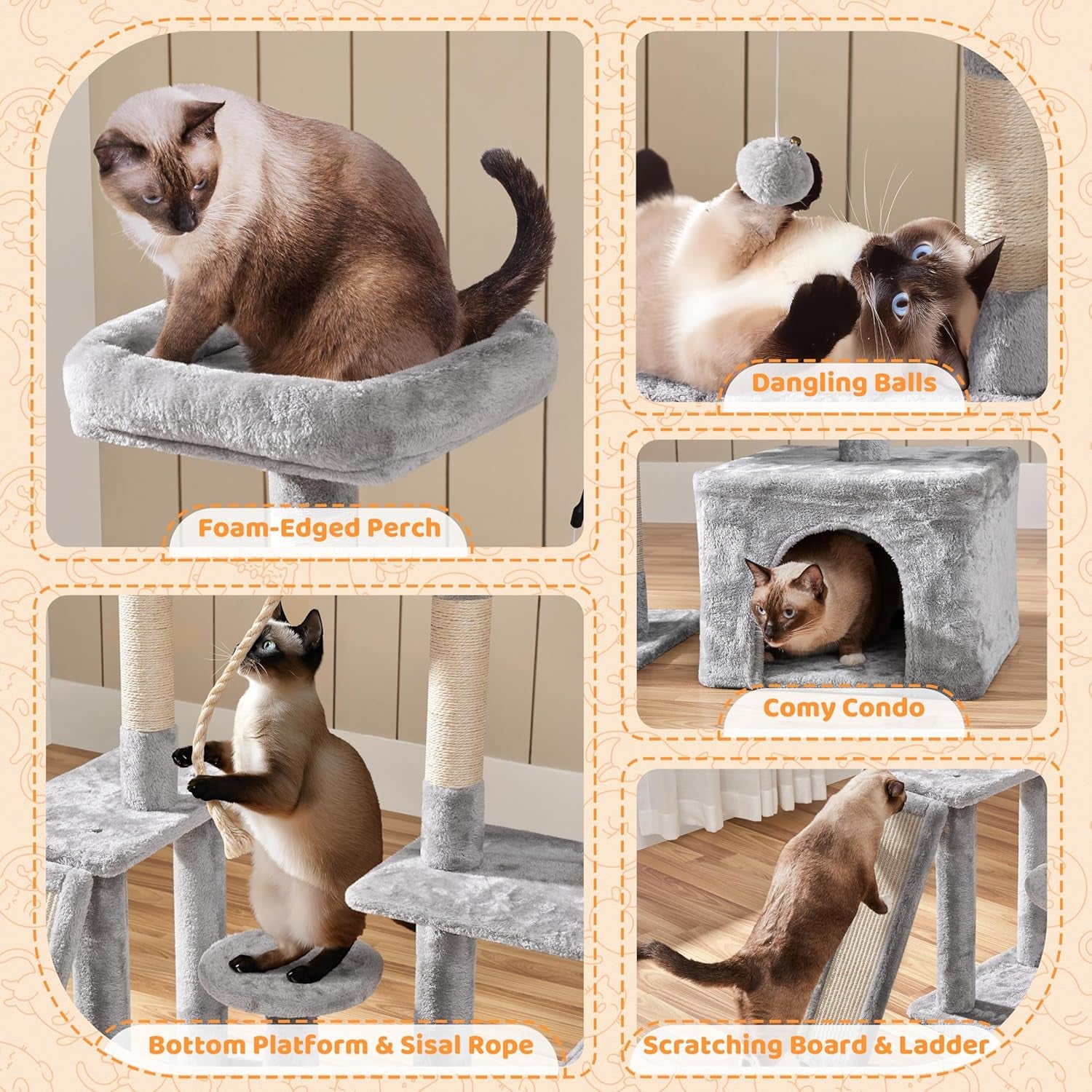 Cat Tree, 53.5 Inch Pet Play House with Sisal Scratching Posts, Condo, Perches, Wide Platform for Indoor Kittens/Adult Cats, Light Gray